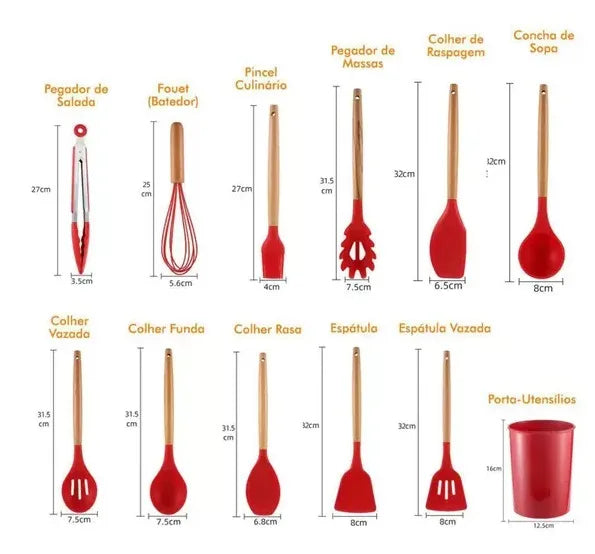 Kit Jogo 12 Peças Utensílios de Cozinha Silicone Colher Espátula kitchen Livre de BPA Antiaderente com Suporte