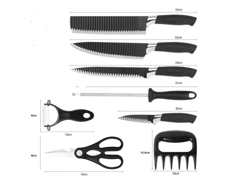 Jogo de Facas Premium Inox descascador e tesoura 8 peças cabo de borracha churrasco presente cozinha geral