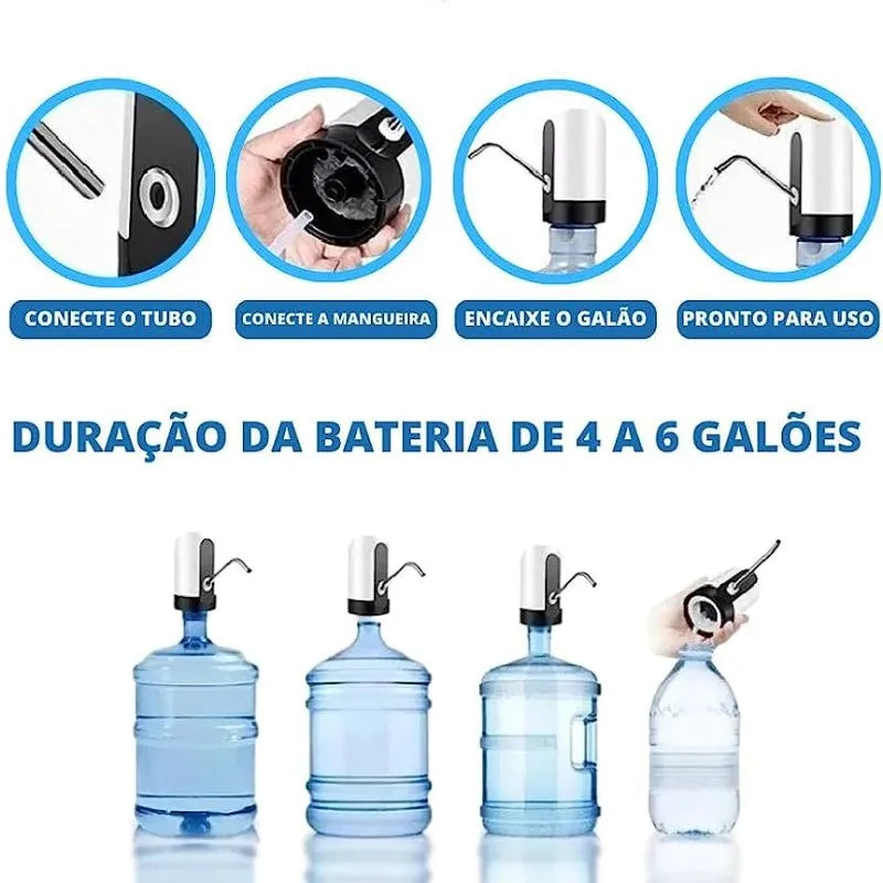 Bomba ELÉTRICA para galão de água portátil BIVOLT recarregável é universal,  servindo galões e garrafões de 5L, 10L, 20L e similares