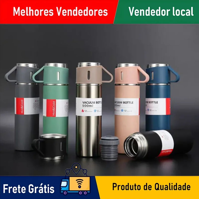 Kit Conjunto Garrafa Térmica Com Tampa & Xícaras Quente Frio Temporada 500ML