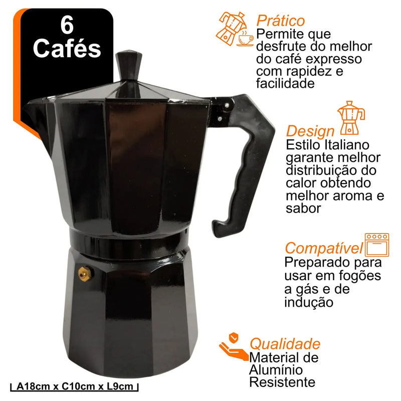 Cafeteira italiana de alumínio, cafeteira expresso, fogão, moka, 6 xícaras, cor preta