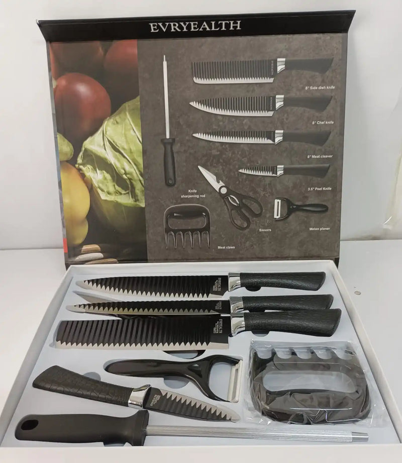 Jogo de Facas Premium Inox descascador e tesoura 8 peças cabo de borracha churrasco presente cozinha geral